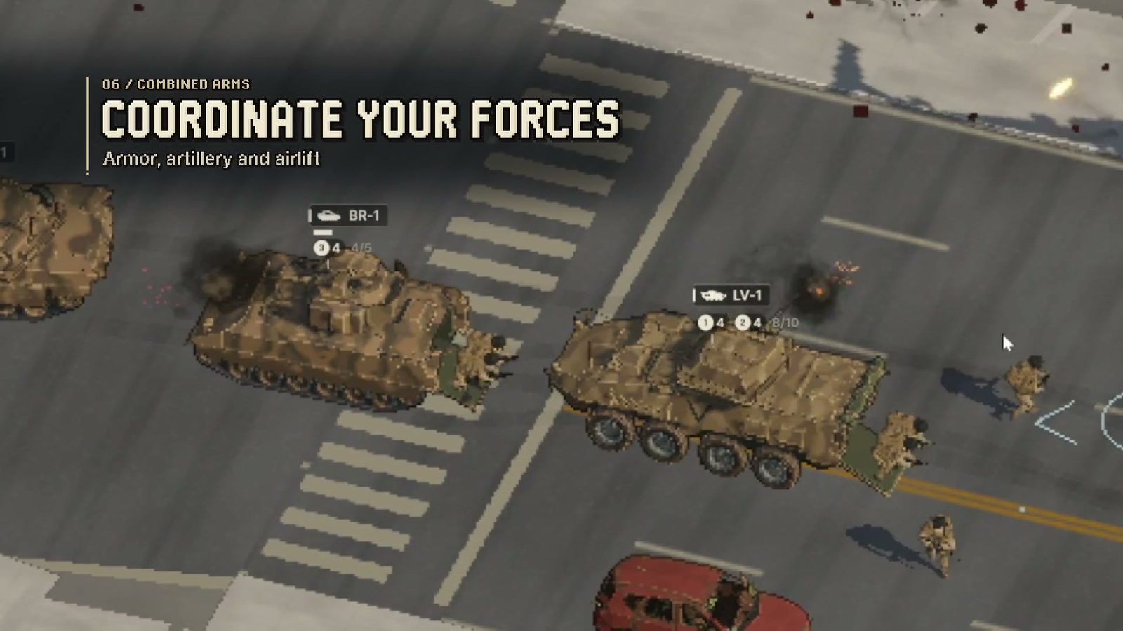 Official Ebbtide trailer frame: armour, artillery and airlift coordinating on a city street, captioned 06 / COMBINED ARMS
