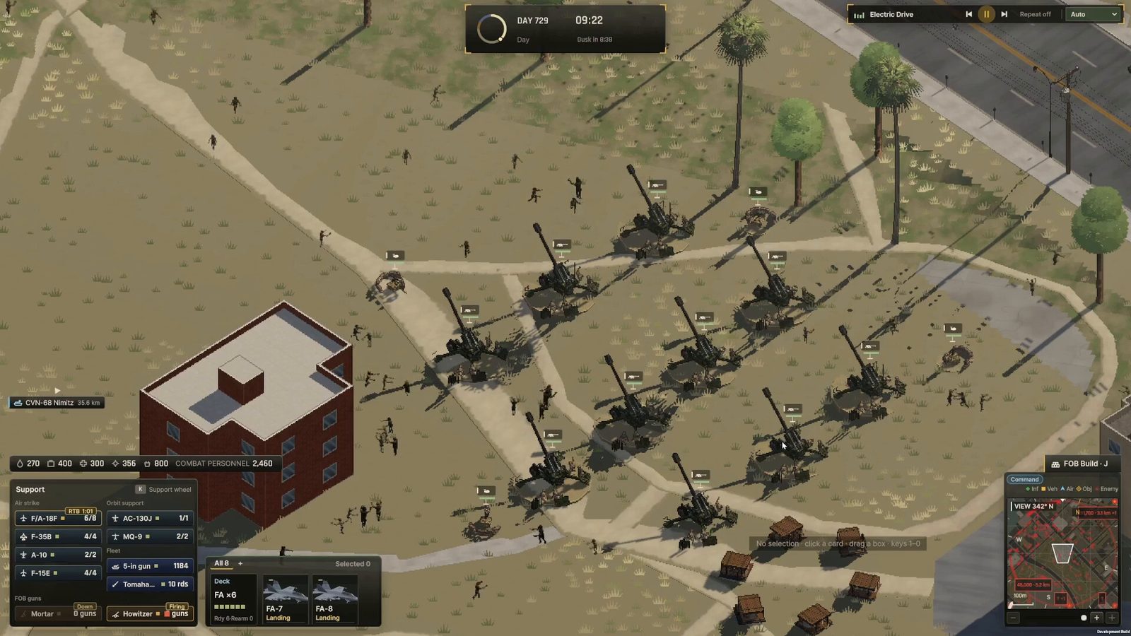 Official Ebbtide screenshot: artillery pieces and infantry deployed along a road in the Los Angeles basin